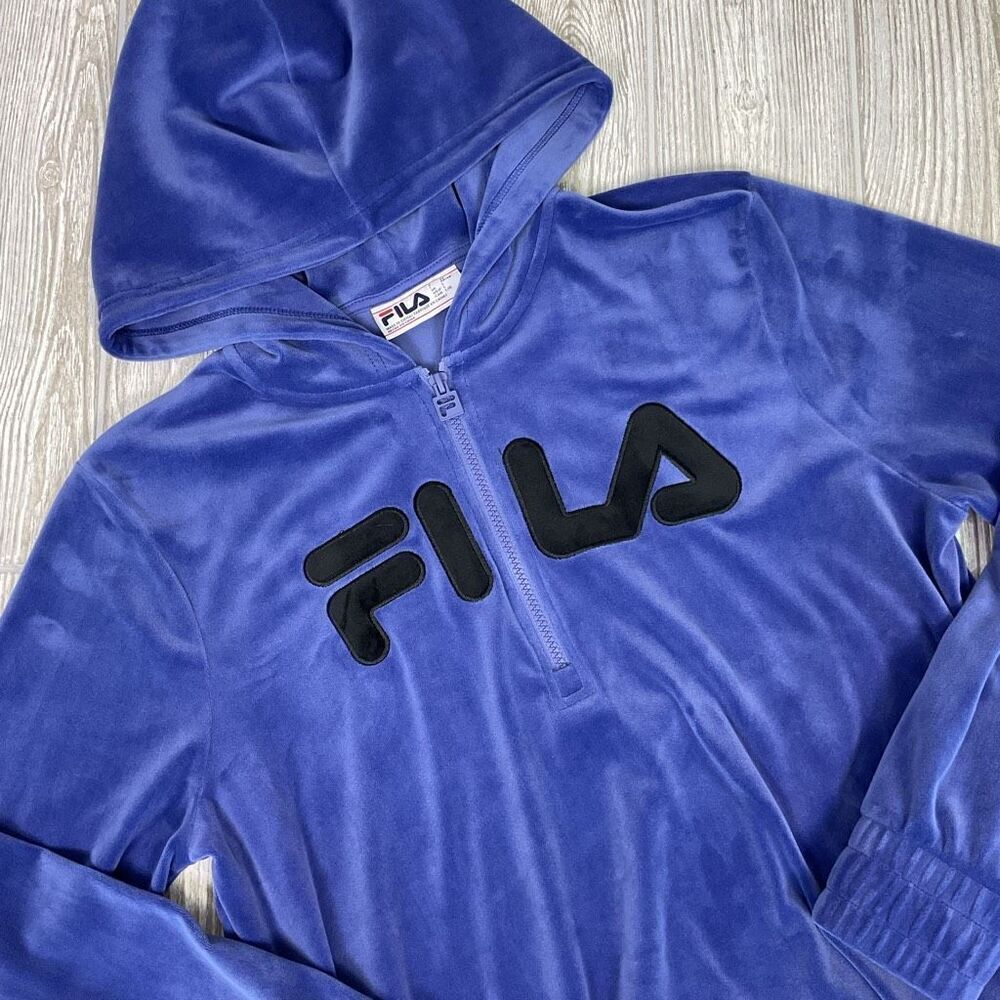 Fila Womens Velour Quarter Zip Hoodie Purple Size Large Pockets